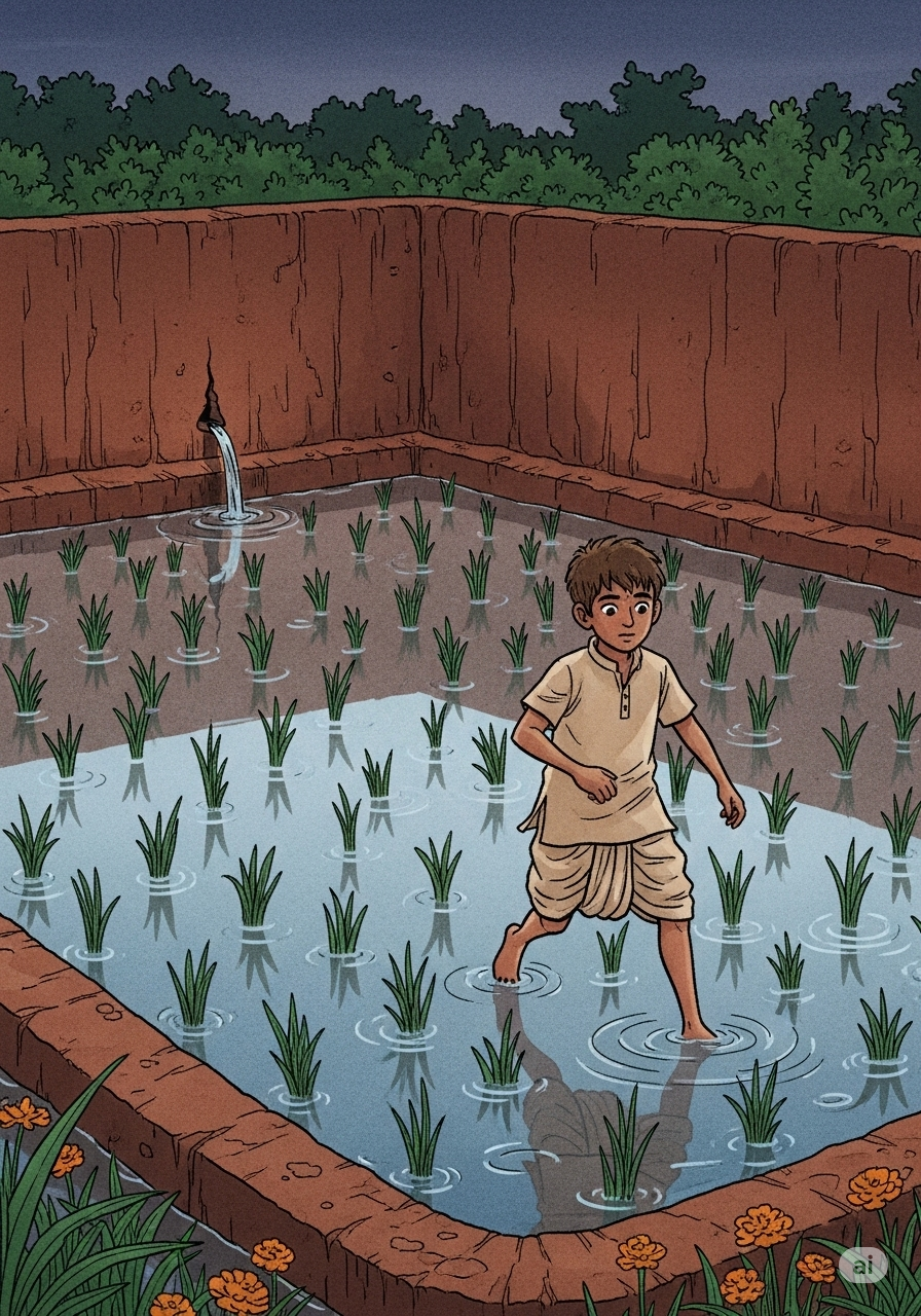 Sage Dhaumya giving instructions to Aruni about fixing the canal